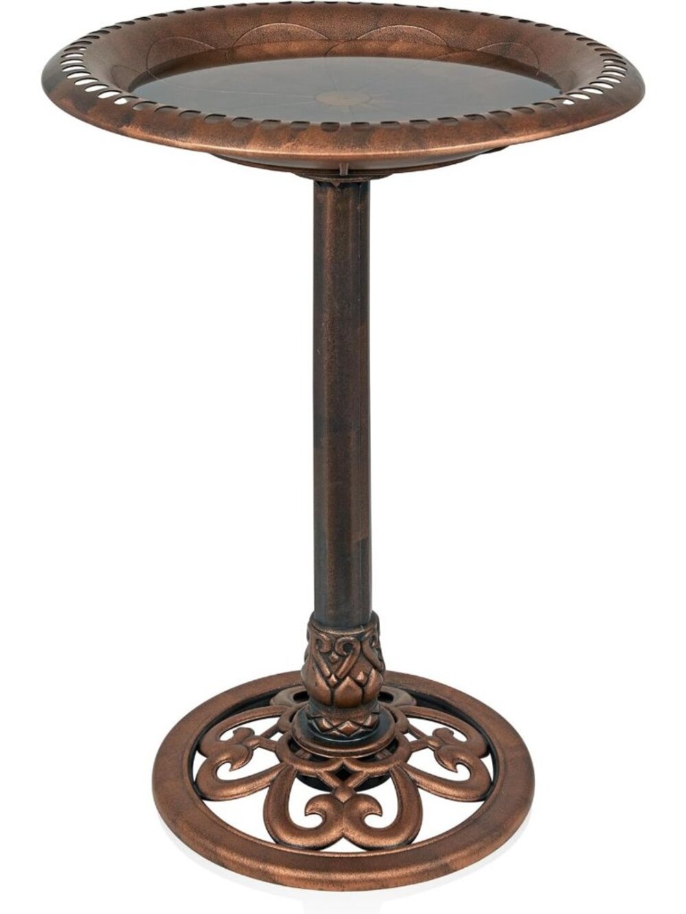 Elegant 28" Bronze Outdoor Pedestal Birdbath with Scrollwork Base & Ground
